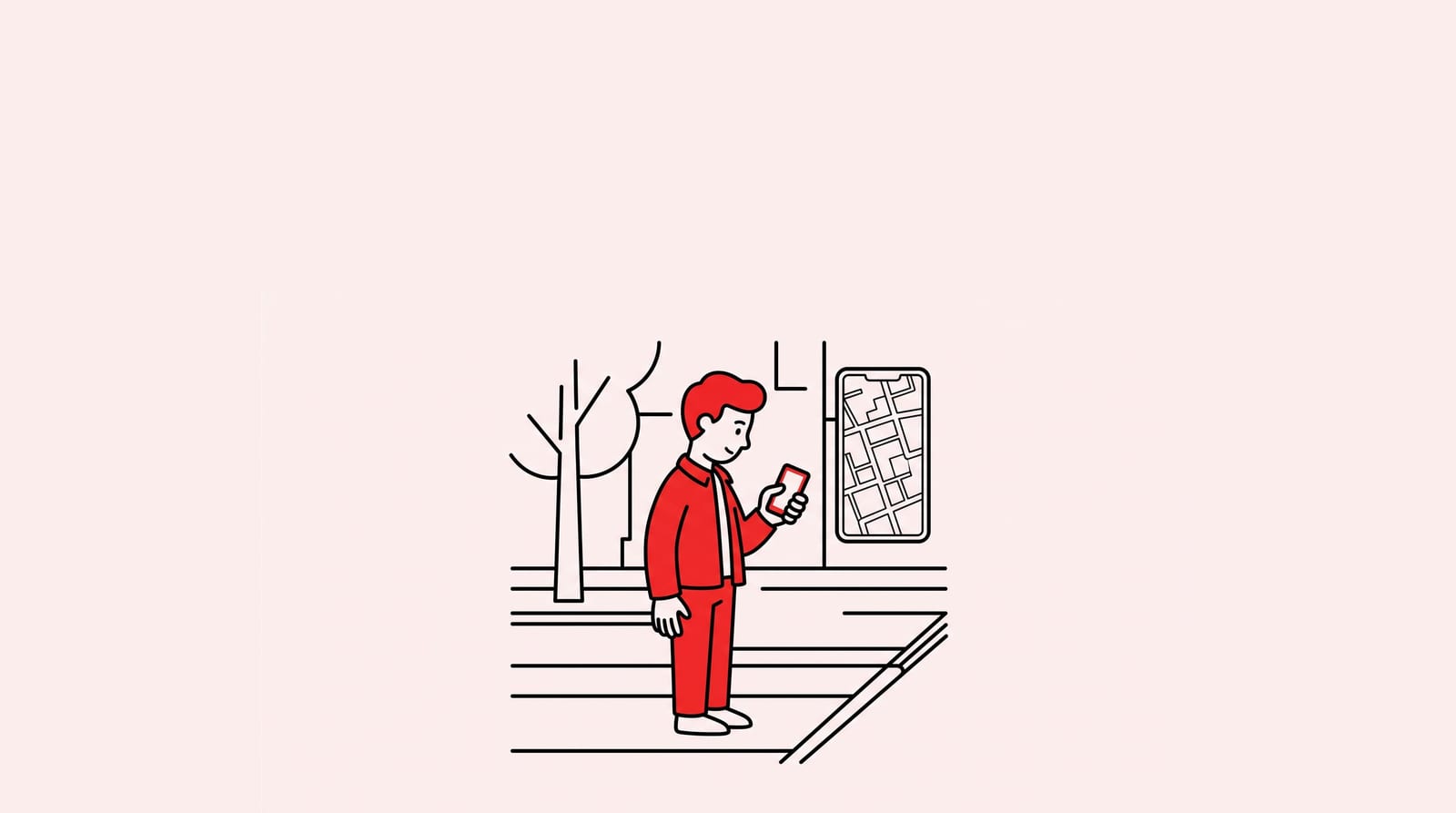 person on a sidewalk looking at a phone map, no floating screens or extra icons