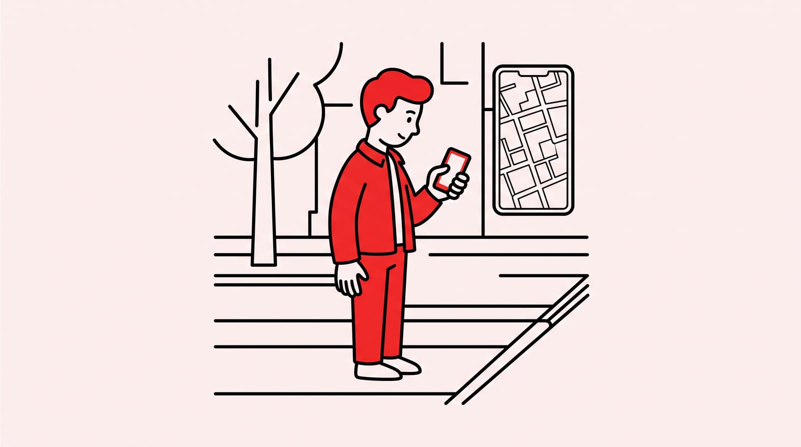 person on a sidewalk looking at a phone map, no floating screens or extra icons
