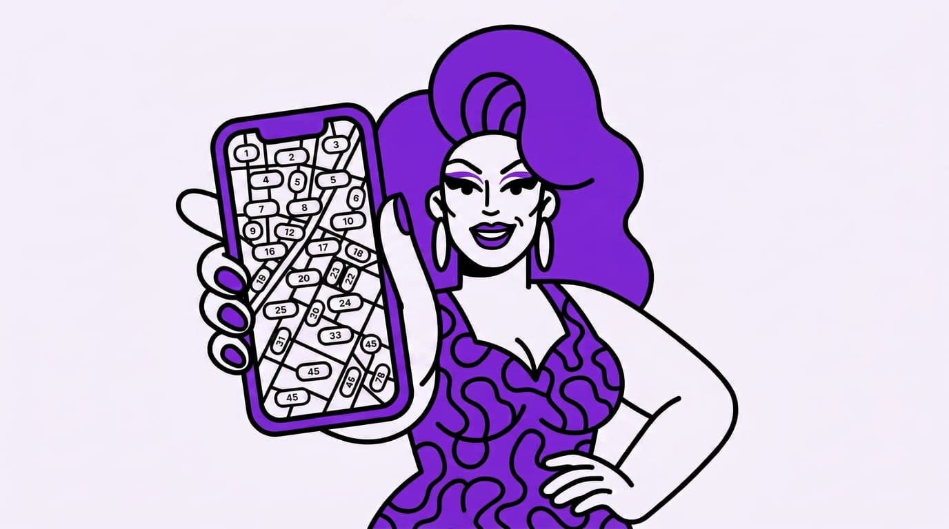drag queen holding phone with map and white numbered company chips