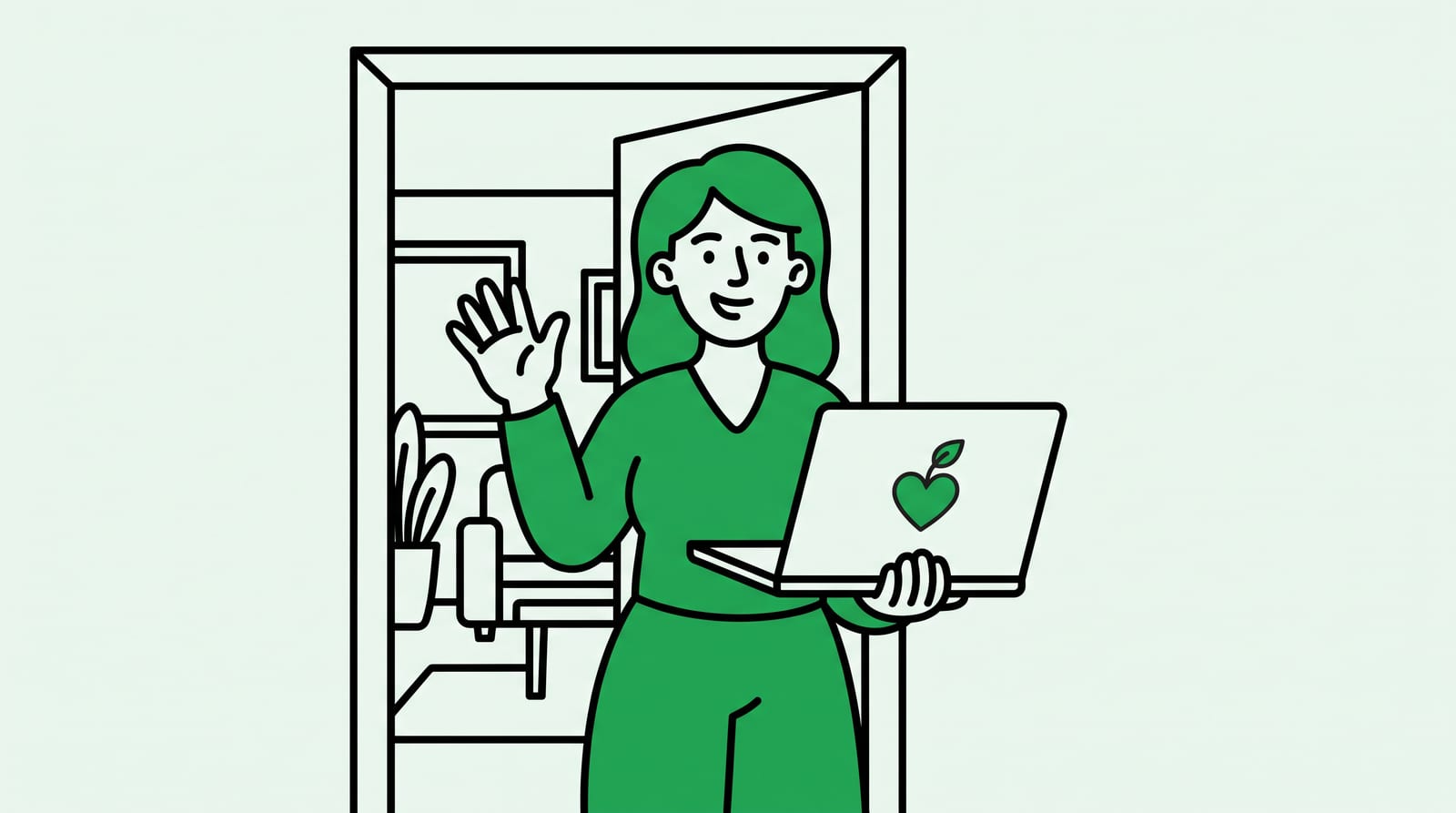 friendly woman at her front door greeting the camera with a warm wave, holding an open laptop that shows a simple heart logo with a small leaf on the heart, doorway framing a glimpse of a cozy home interior behind her, everyday grounded scene, one clear subject