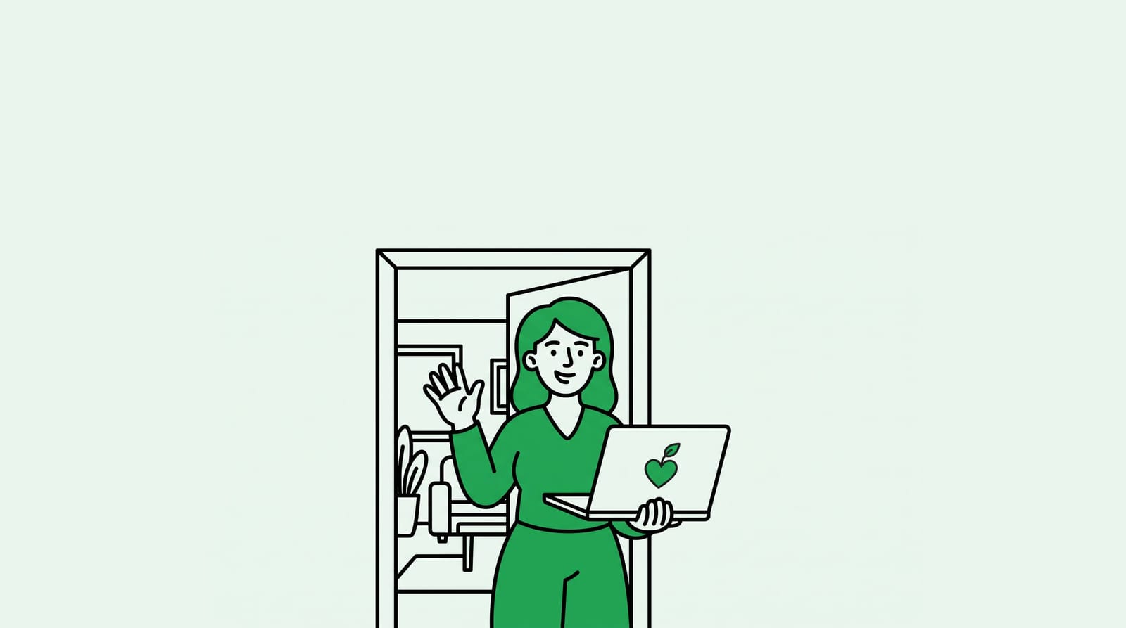 friendly woman at her front door greeting the camera with a warm wave, holding an open laptop that shows a simple heart logo with a small leaf on the heart, doorway framing a glimpse of a cozy home interior behind her, everyday grounded scene, one clear subject