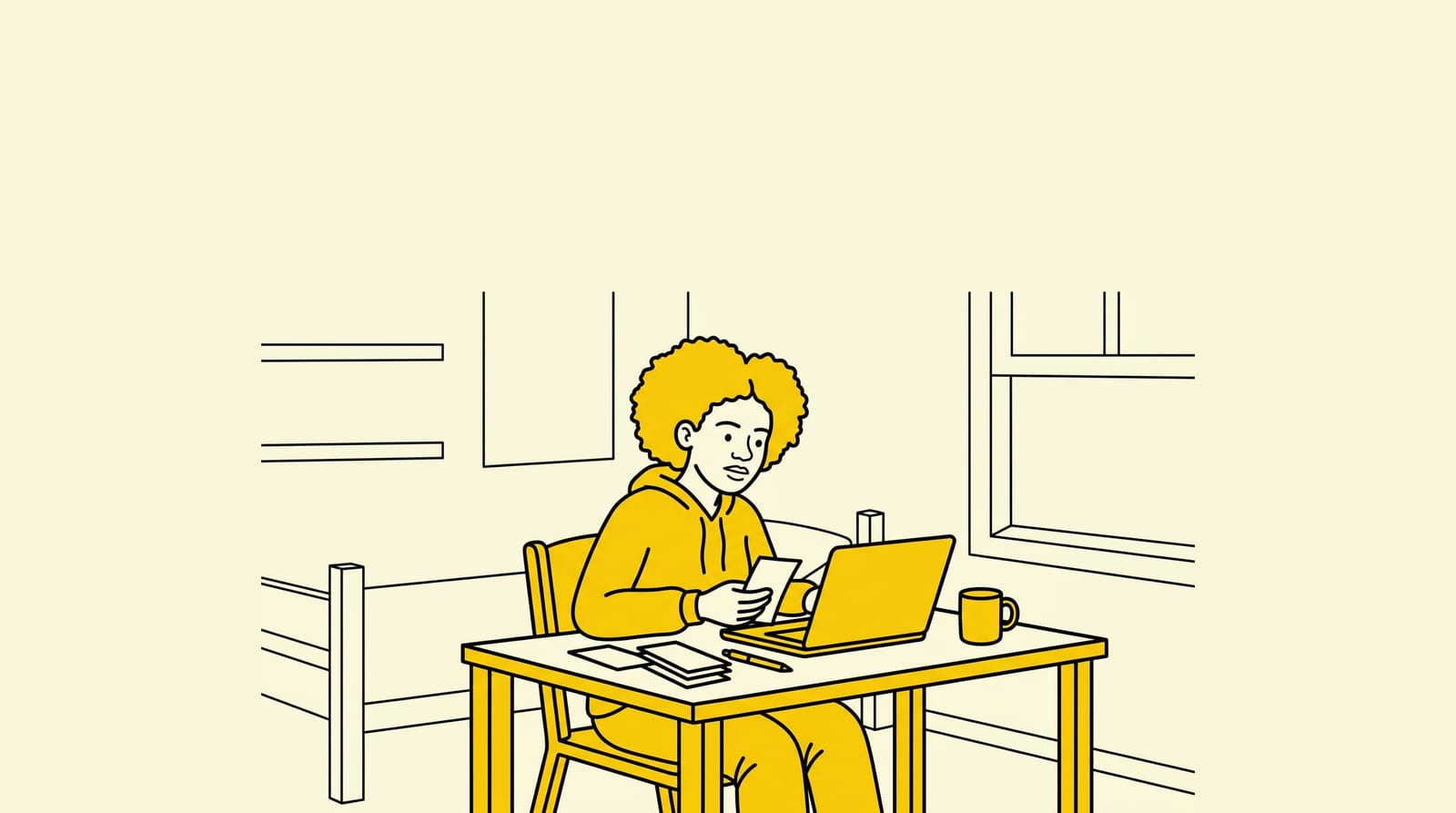first-generation college student reviewing bills and a laptop at a dorm desk, everyday realistic scene, one clear subject