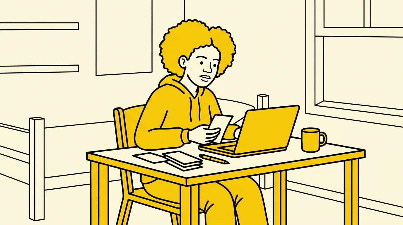 first-generation college student reviewing bills and a laptop at a dorm desk, everyday realistic scene, one clear subject