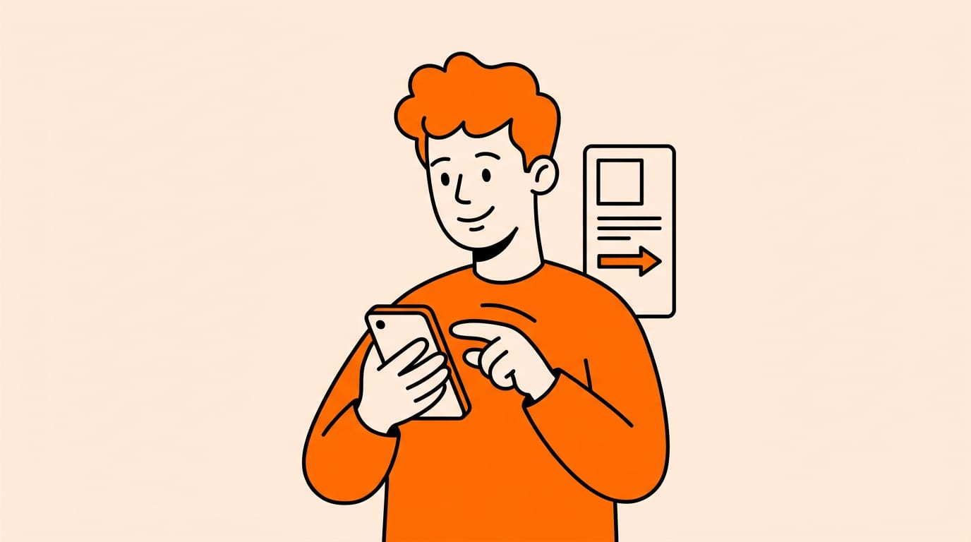 young man holding a phone like Tinder for jobs, swiping through a job card on screen, one clear subject, no floating holograms or extra icons