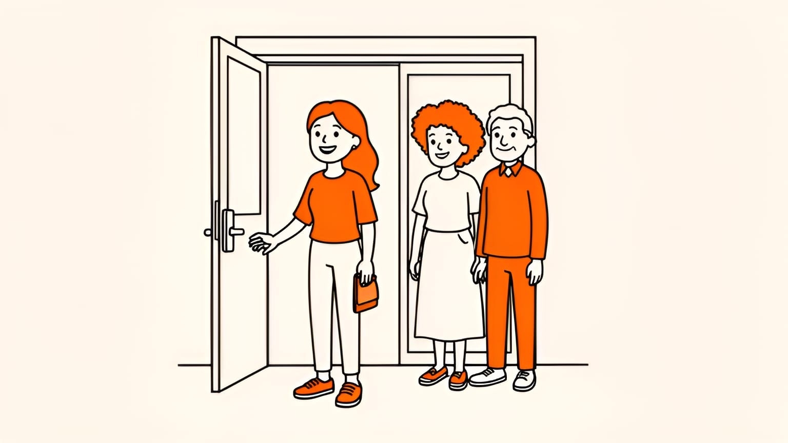 cheerful young woman standing first in line at a shop door at sunrise, two people waiting behind her
