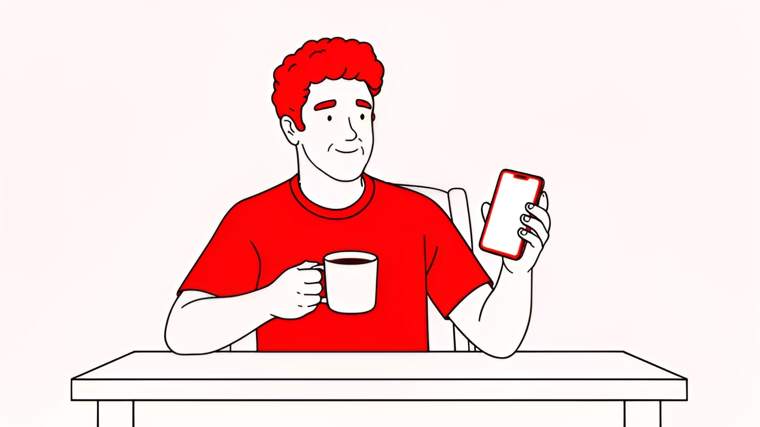 relaxed man at a kitchen table drinking coffee from a mug, holding a phone with a blank screen