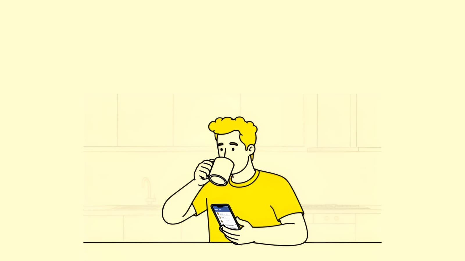 relaxed man in a kitchen drinking coffee while his phone shows new job applications sent