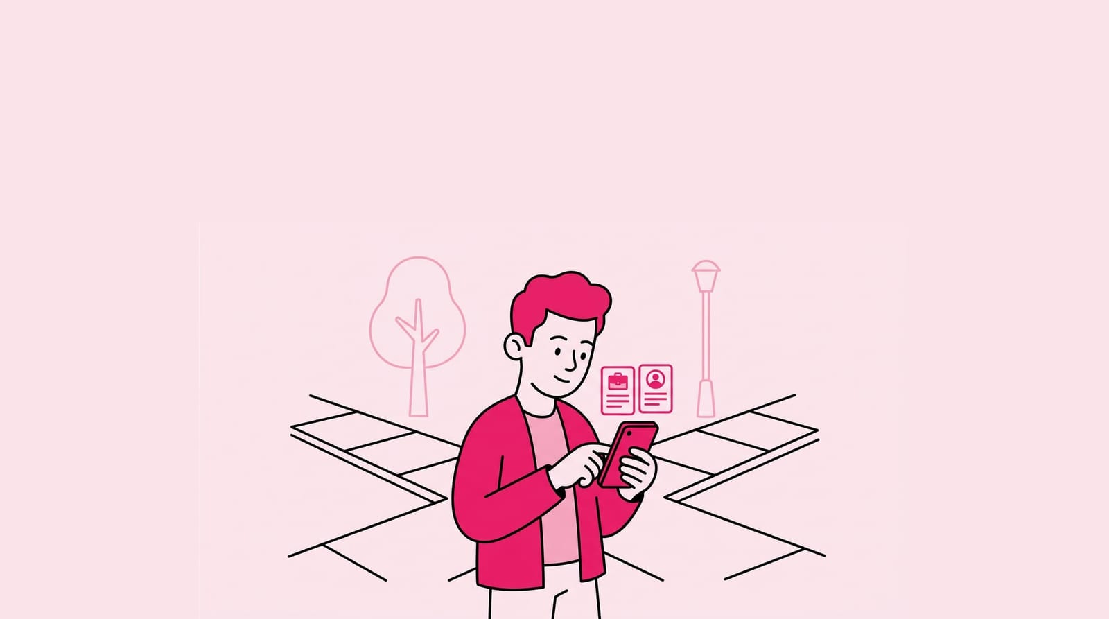 young adult at a crossroads sidewalk looking at a phone with job cards, everyday outdoor scene, one clear subject