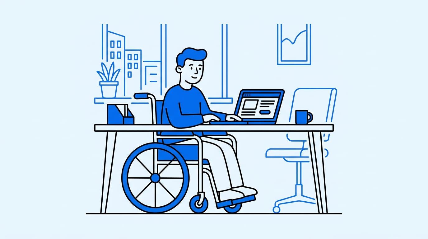 person using a wheelchair at a desk applying for jobs on a laptop, bright everyday office, one clear subject