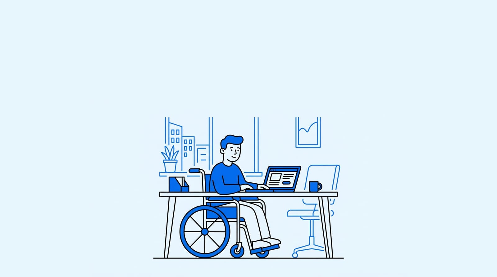 person using a wheelchair at a desk applying for jobs on a laptop, bright everyday office, one clear subject