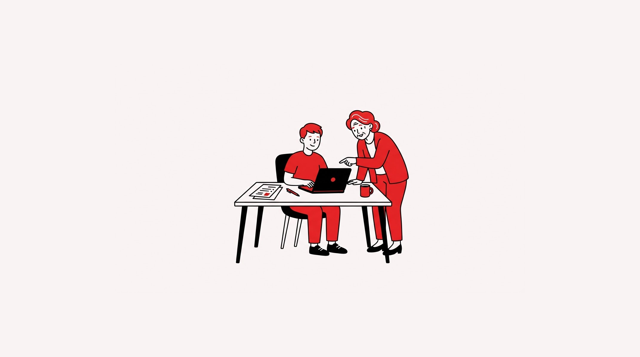 wide shot of a job seeker at a laptop with a mentor leaning in to help, desk with resume papers, small characters with lots of empty pale background space around the scene