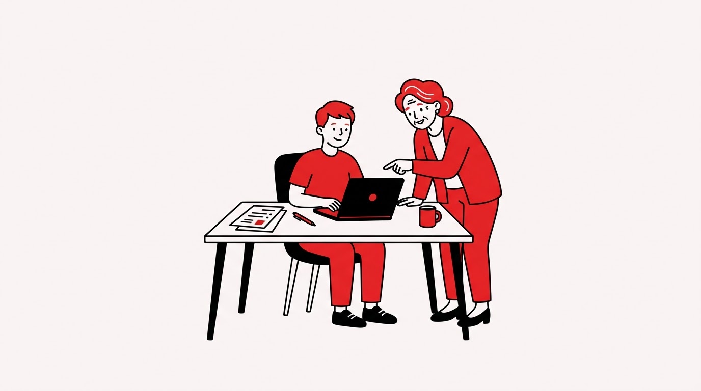 wide shot of a job seeker at a laptop with a mentor leaning in to help, desk with resume papers, small characters with lots of empty pale background space around the scene
