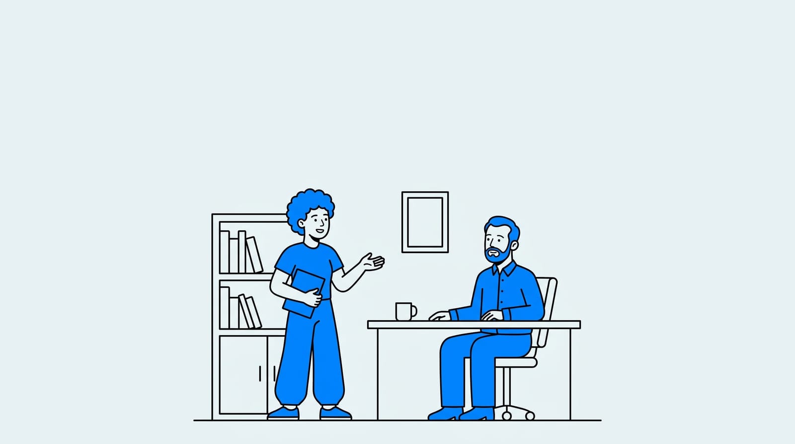 college student talking with a professor in office hours holding a simple folder, everyday campus office, one clear subject