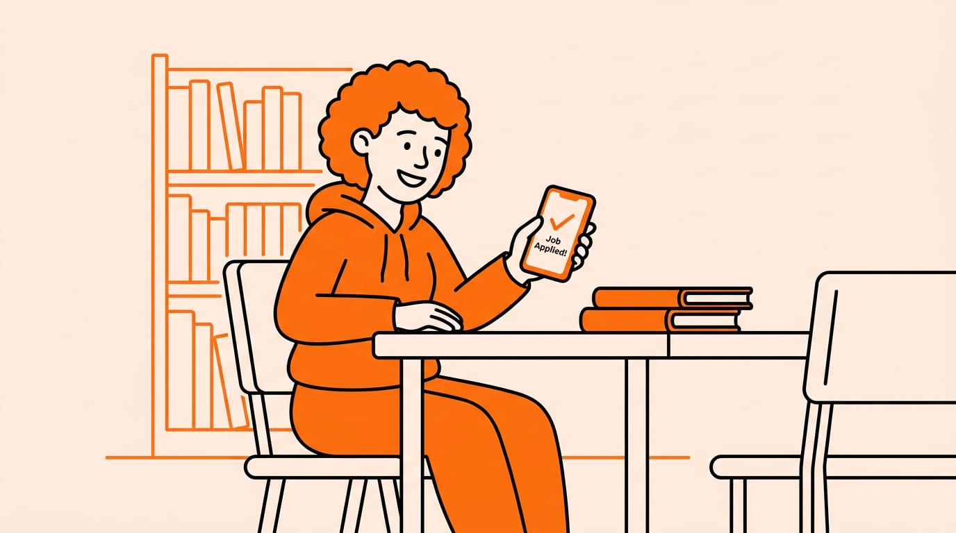 college student smiling at a phone after applying to a job in a campus library, everyday scene, one clear subject