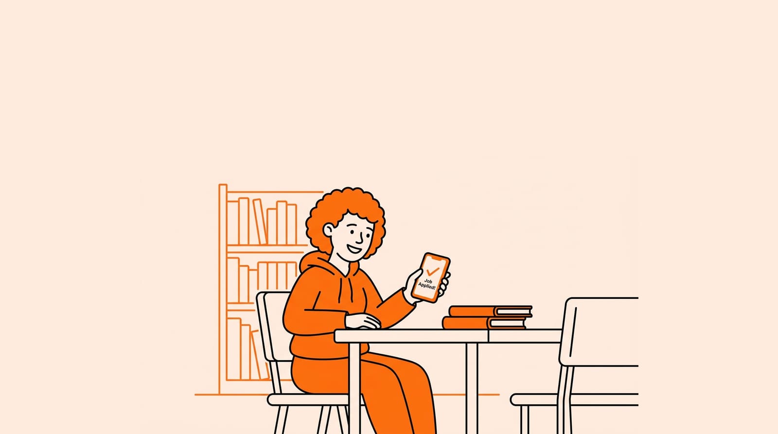 college student smiling at a phone after applying to a job in a campus library, everyday scene, one clear subject