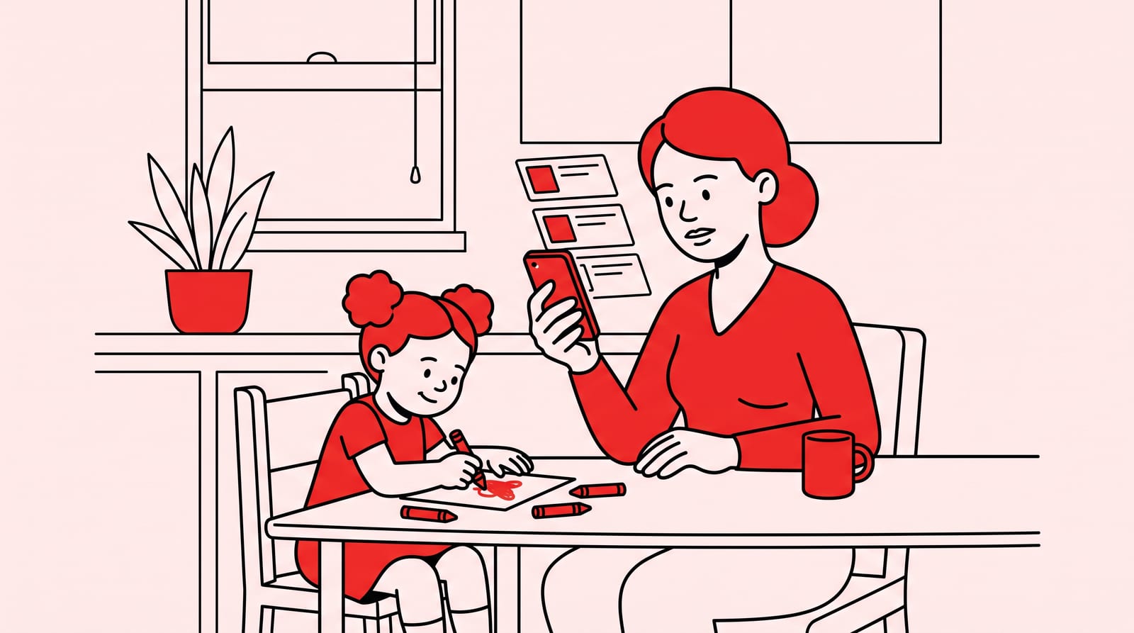 single mom at a kitchen table looking at job cards on a phone while a child colors nearby, everyday home scene, one clear subject