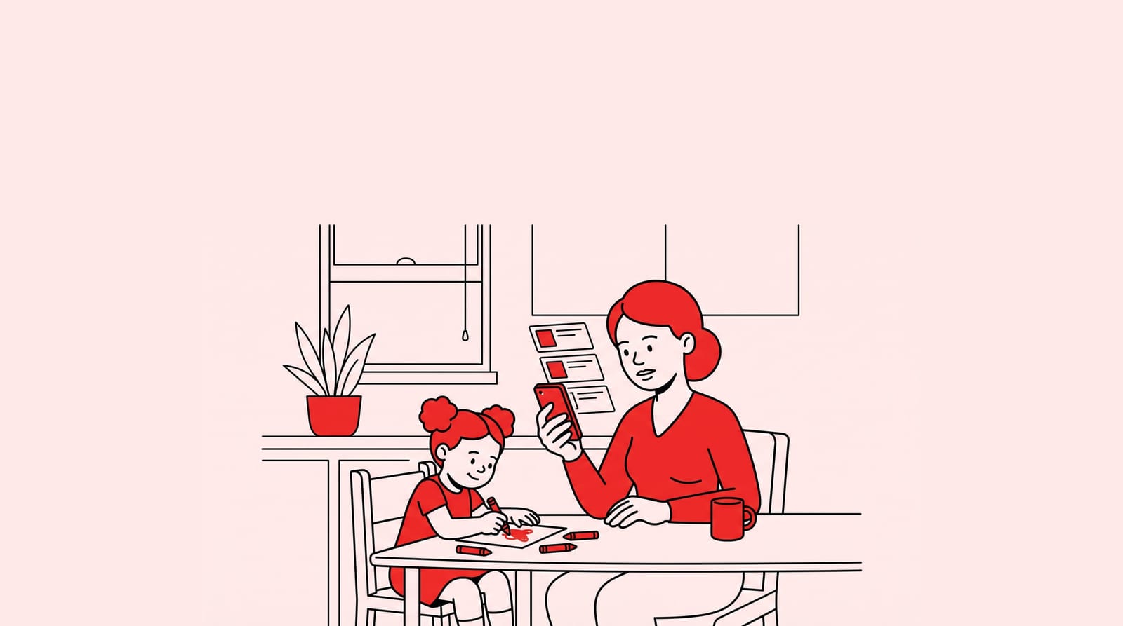single mom at a kitchen table looking at job cards on a phone while a child colors nearby, everyday home scene, one clear subject