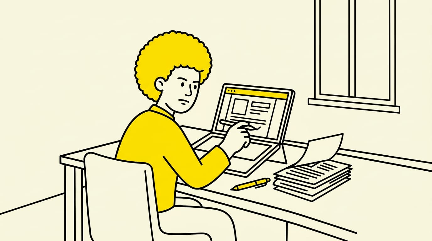 person editing a resume on a laptop at a desk with printed pages nearby, everyday realistic scene, one clear subject