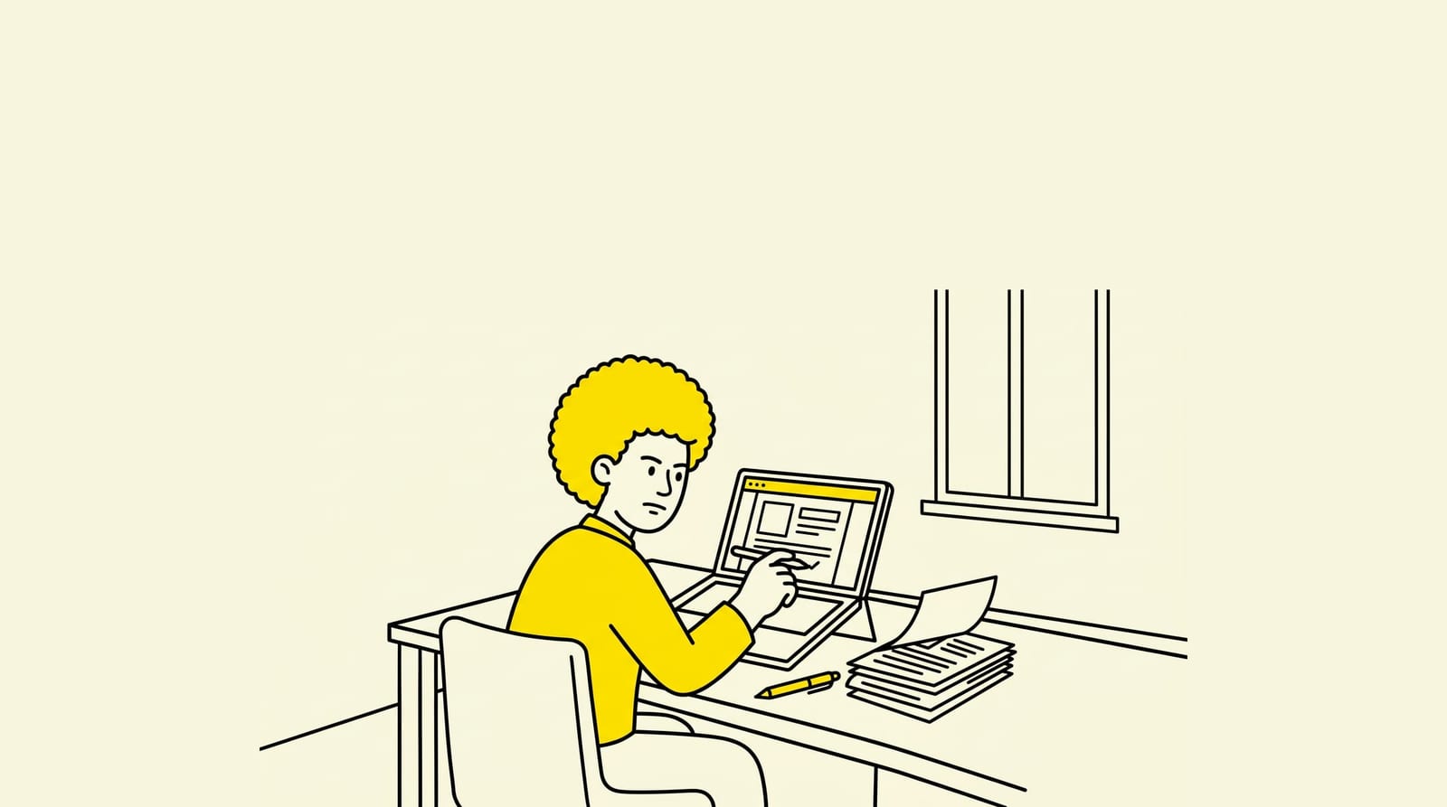 person editing a resume on a laptop at a desk with printed pages nearby, everyday realistic scene, one clear subject