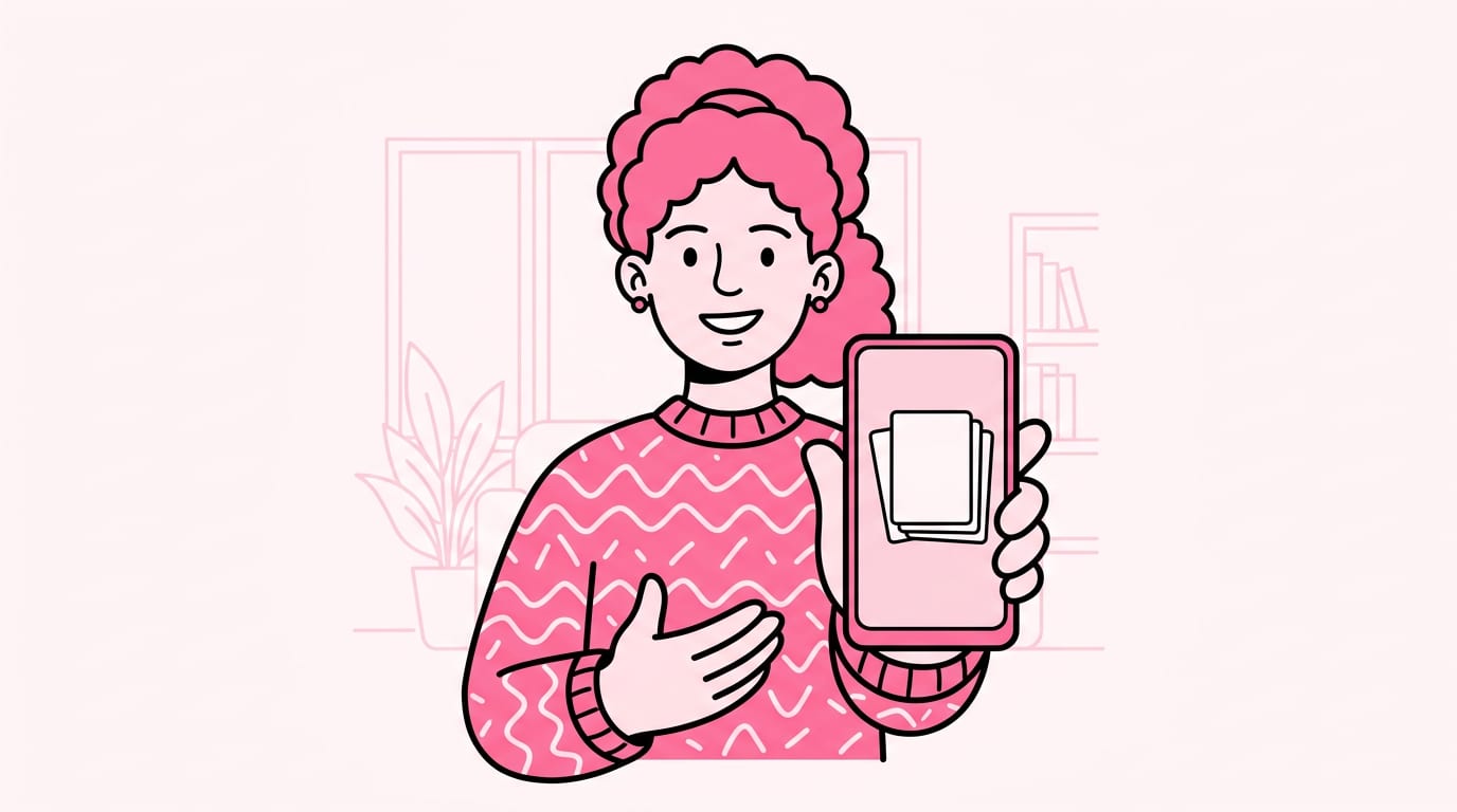friendly young person facing the camera with a warm smile, holding a phone at chest height, simple stack of blank job cards on the screen, thumb relaxed not aggressive, sunny indoor everyday scene, one clear subject, nobody behind them