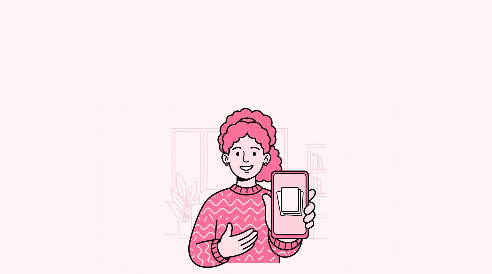 friendly young person facing the camera with a warm smile, holding a phone at chest height, simple stack of blank job cards on the screen, thumb relaxed not aggressive, sunny indoor everyday scene, one clear subject, nobody behind them