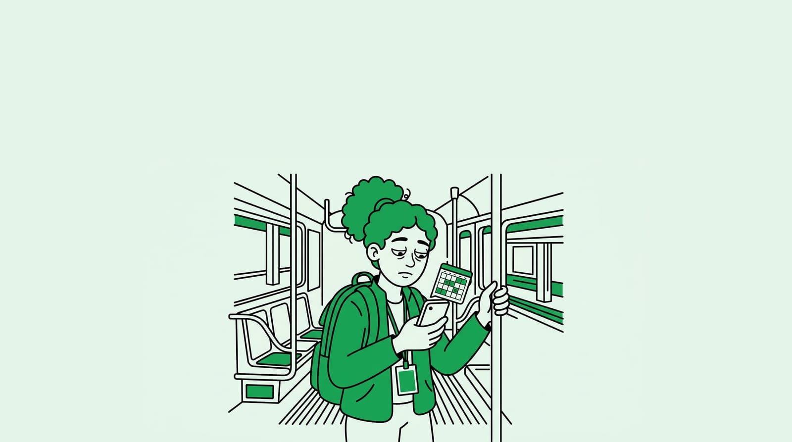tired but focused student with backpack and work badge checking a phone schedule, everyday transit scene, one clear subject