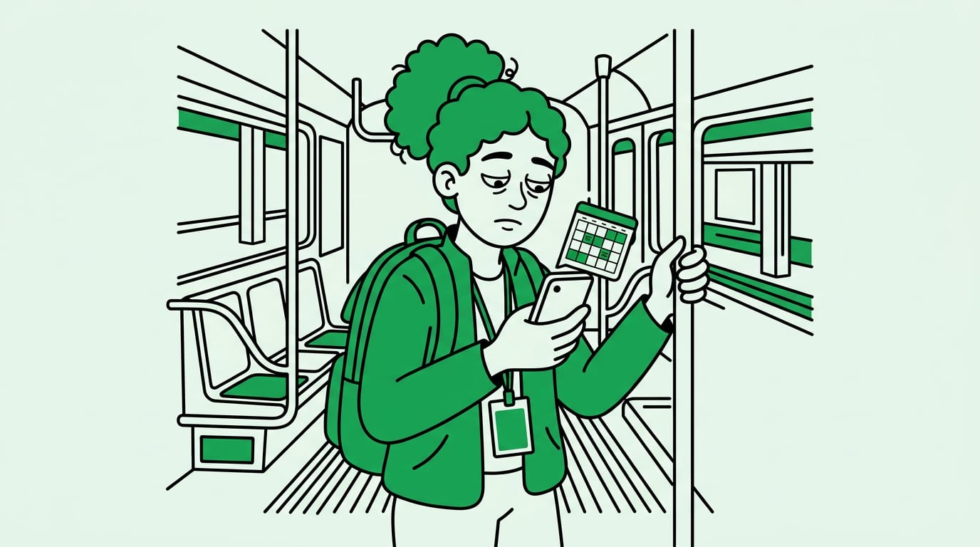 tired but focused student with backpack and work badge checking a phone schedule, everyday transit scene, one clear subject