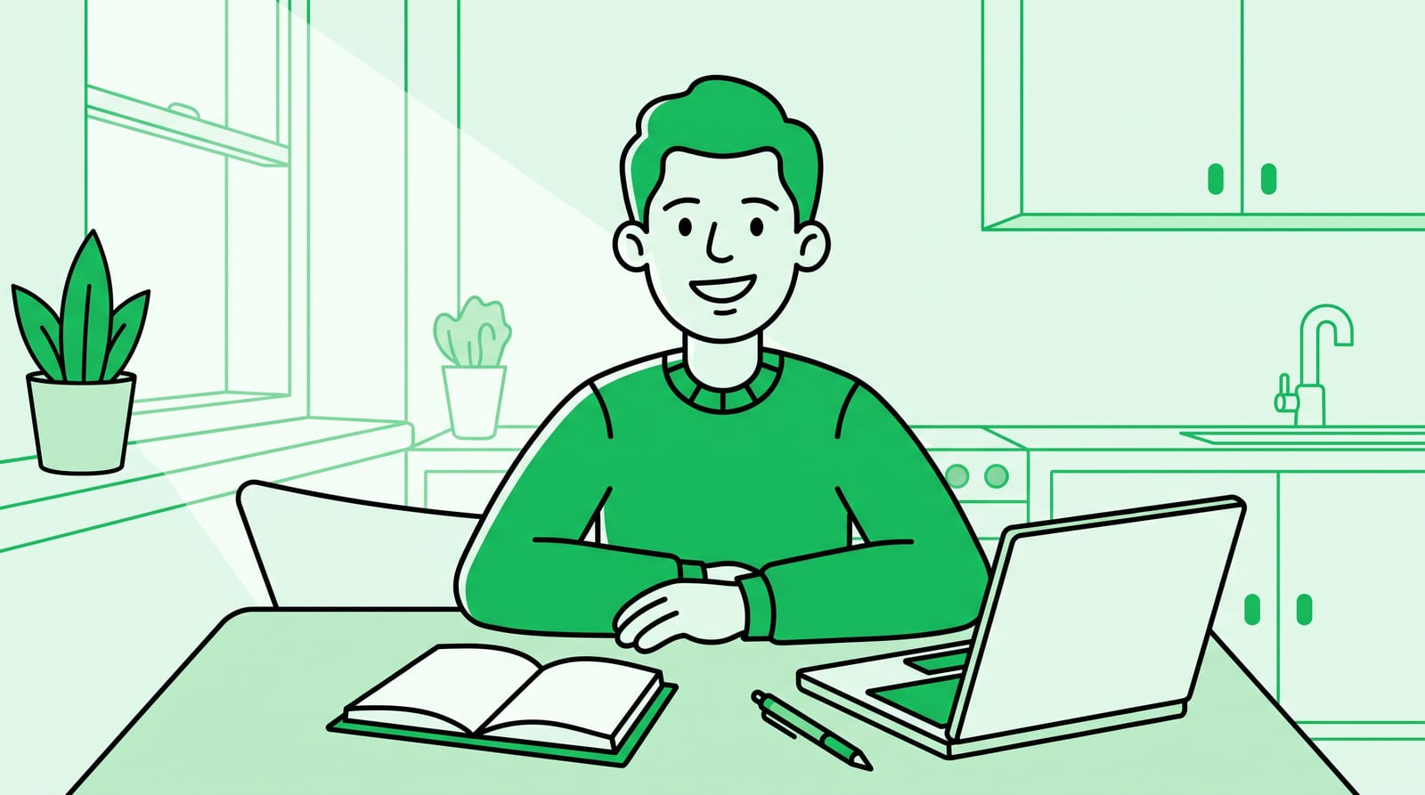 friendly person facing the camera with a warm smile, sitting at a sunny kitchen table with a laptop and a notebook, relaxed everyday pose, one clear subject, nobody behind them
