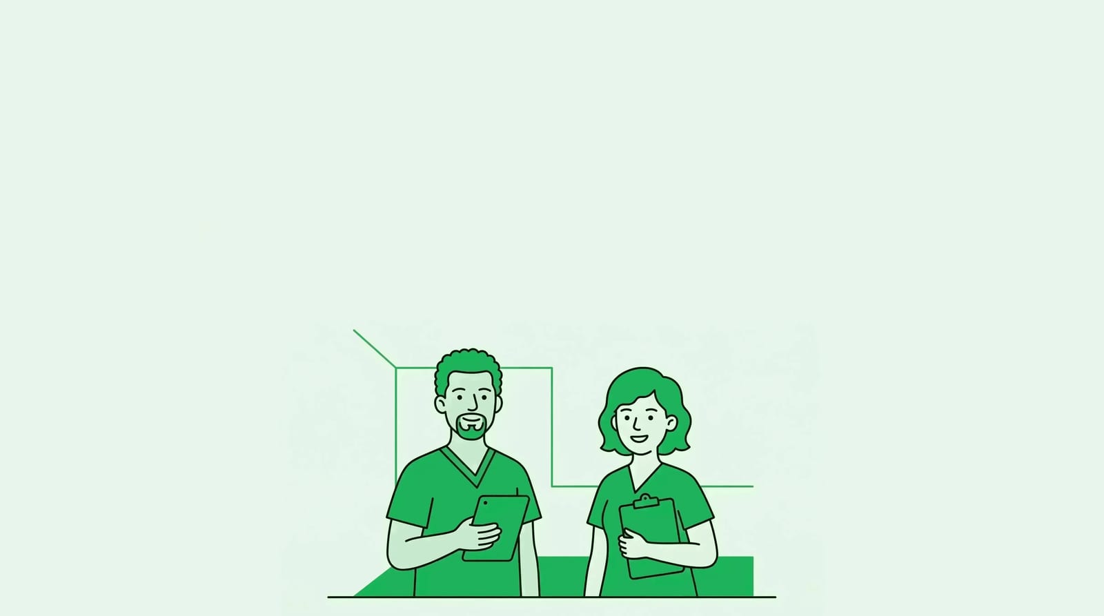 nursing student in scrubs comparing two simple blank pathway cards on a tablet, clinical school hallway, one clear subject