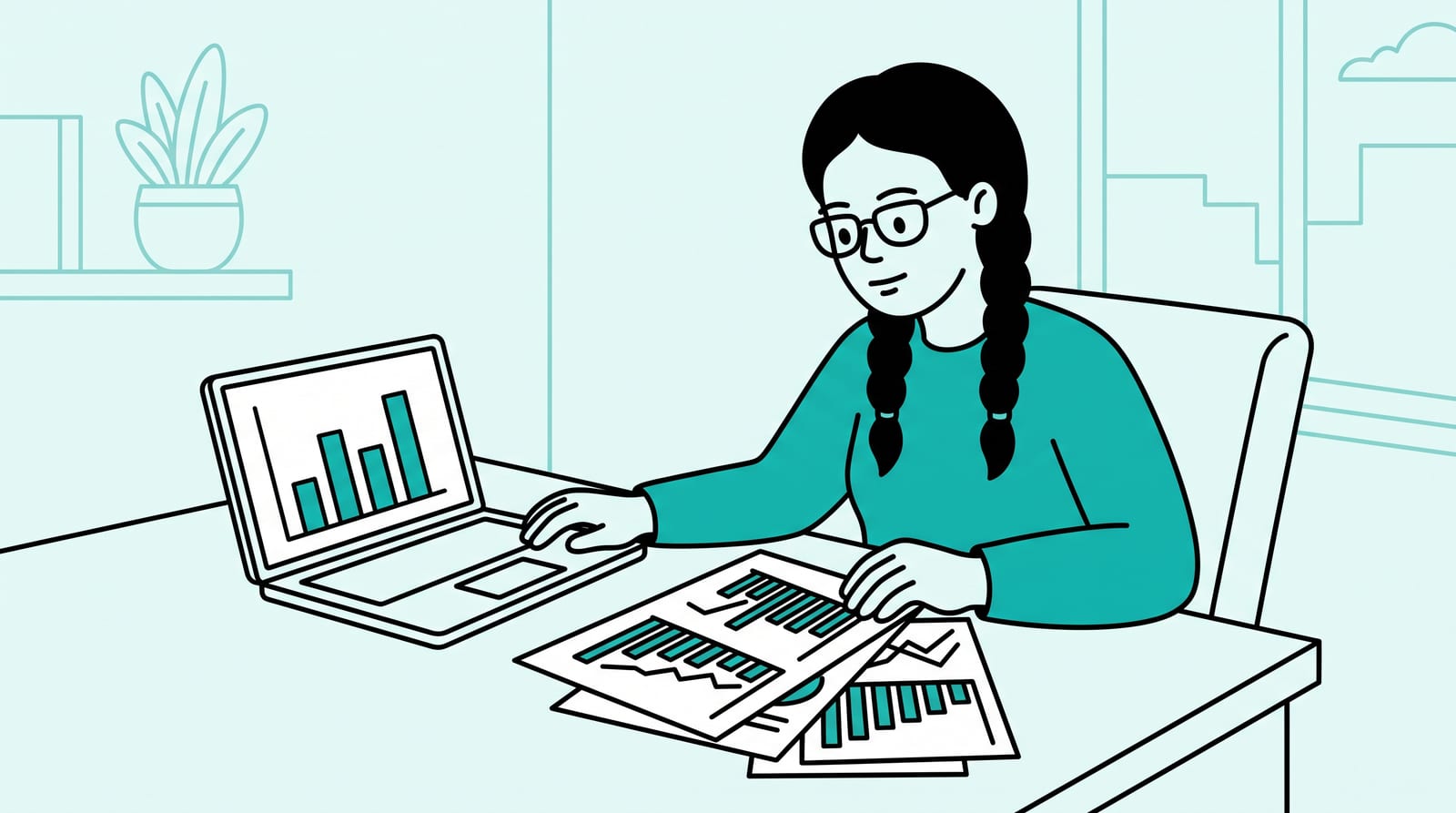 researcher reviewing printed job market charts on a light desk with a laptop open to a simple bar chart, calm daylight office, one clear subject, no floating holograms or extra icons