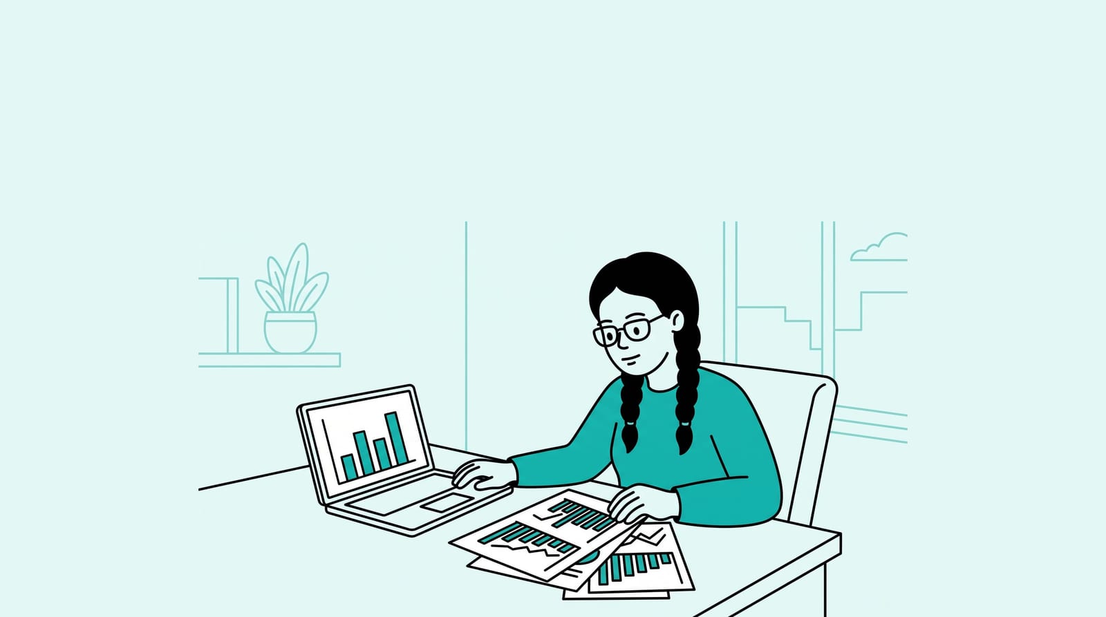 researcher reviewing printed job market charts on a light desk with a laptop open to a simple bar chart, calm daylight office, one clear subject, no floating holograms or extra icons