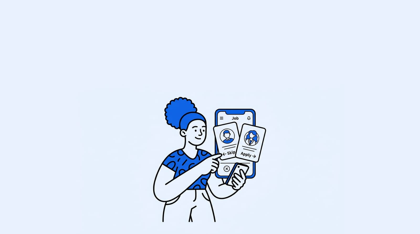 Black woman using a phone, Skip and Apply job cards mid-swipe on the screen like Tinder for jobs, one clear subject, no floating diagrams or extra icons