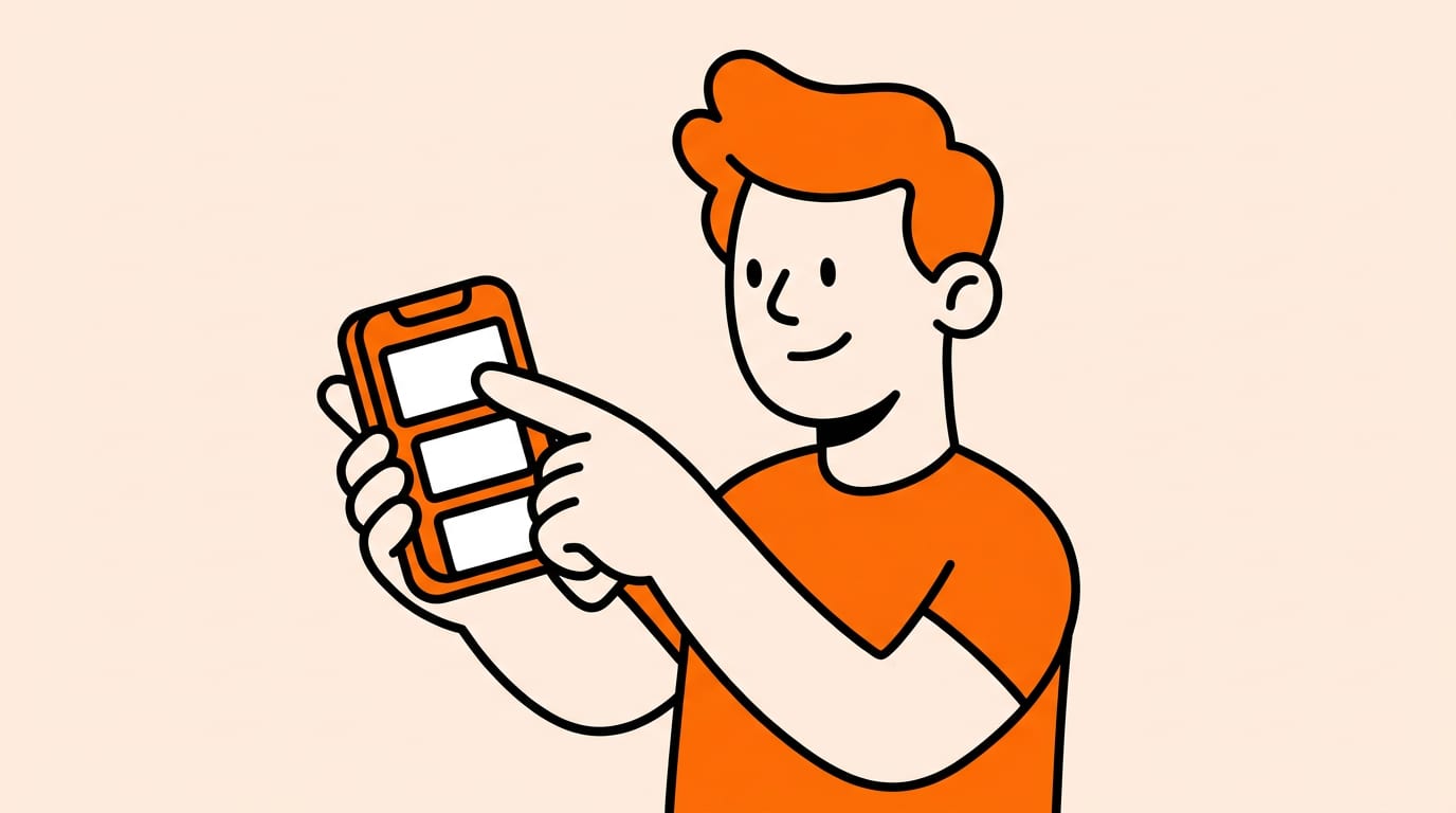 person holding a phone in one hand, phone shows a simple stack of blank job cards with no words, thumb mid-swipe on the top card, casual everyday pose, one clear subject
