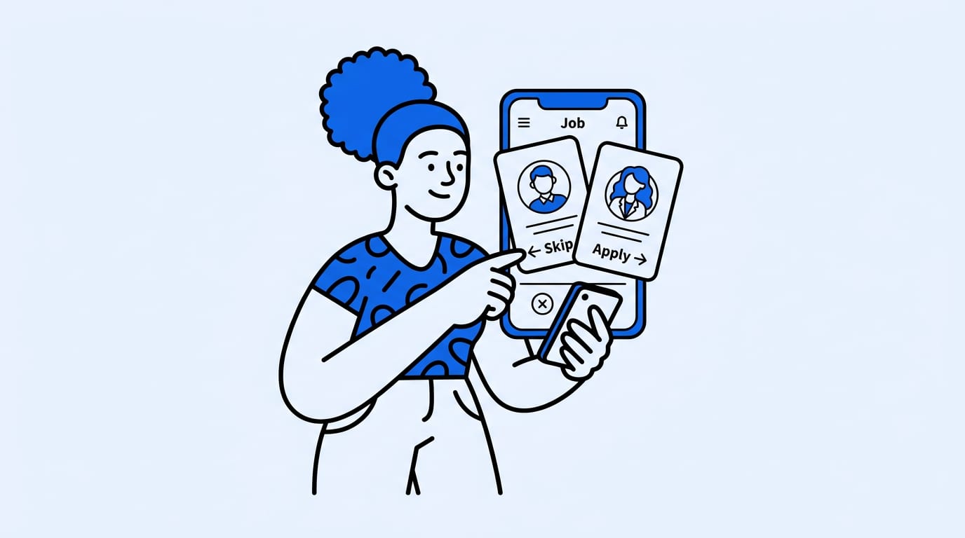 Black woman using a phone, Skip and Apply job cards mid-swipe on the screen like Tinder for jobs, one clear subject, no floating diagrams or extra icons