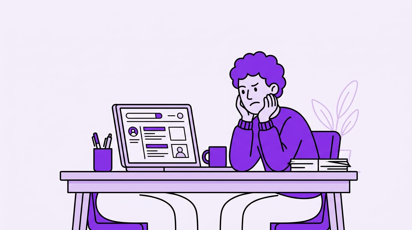 frustrated person staring at a laptop job listing that feels empty, everyday desk scene, one clear subject