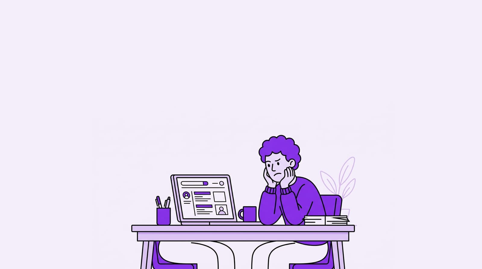 frustrated person staring at a laptop job listing that feels empty, everyday desk scene, one clear subject