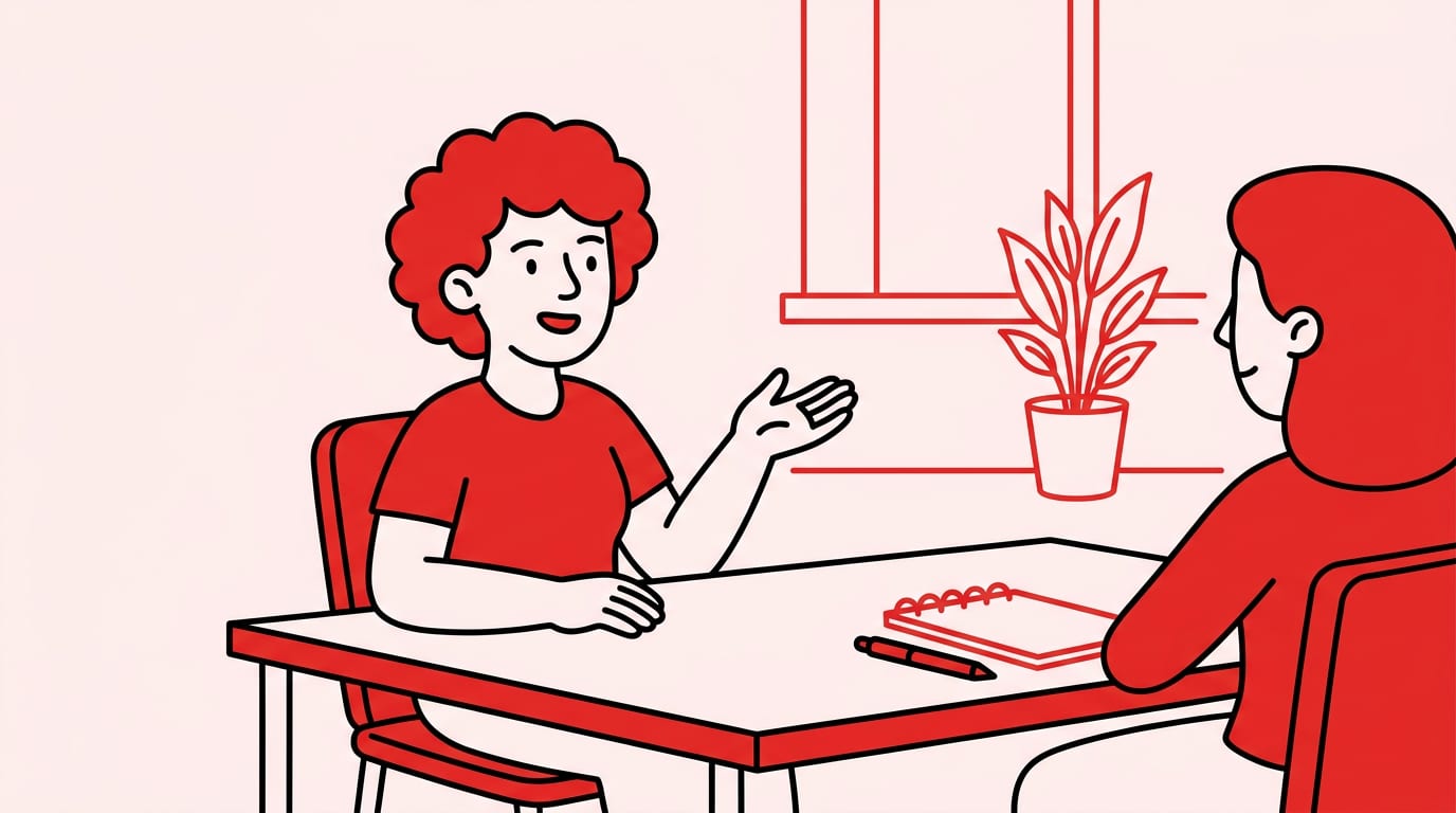 person speaking confidently in a simple interview setting across a table, everyday office, one clear subject