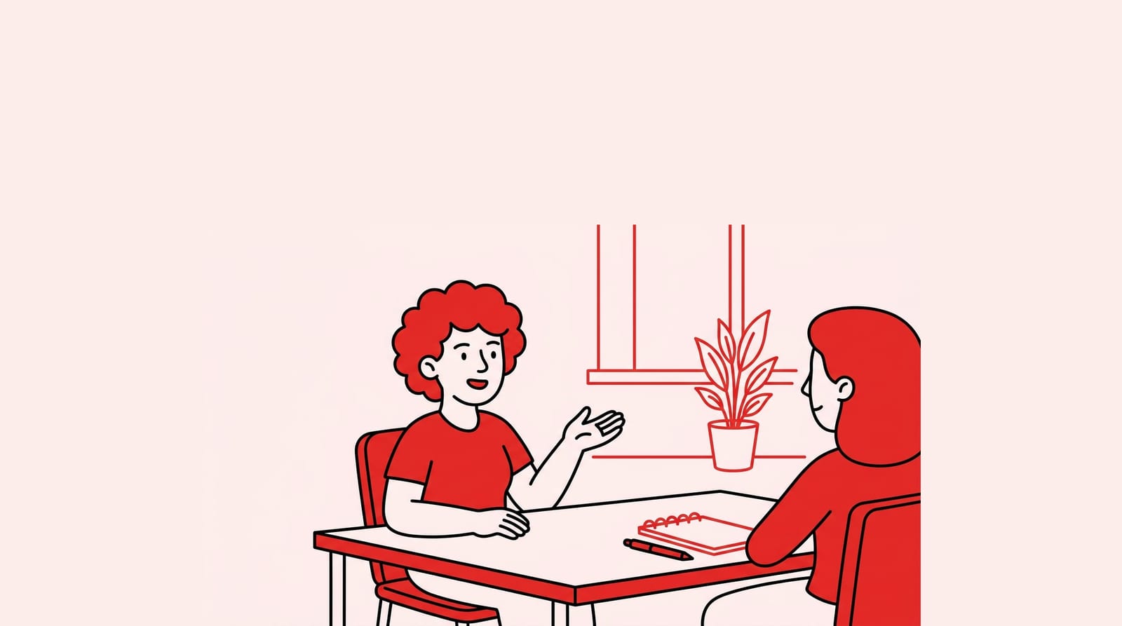 person speaking confidently in a simple interview setting across a table, everyday office, one clear subject