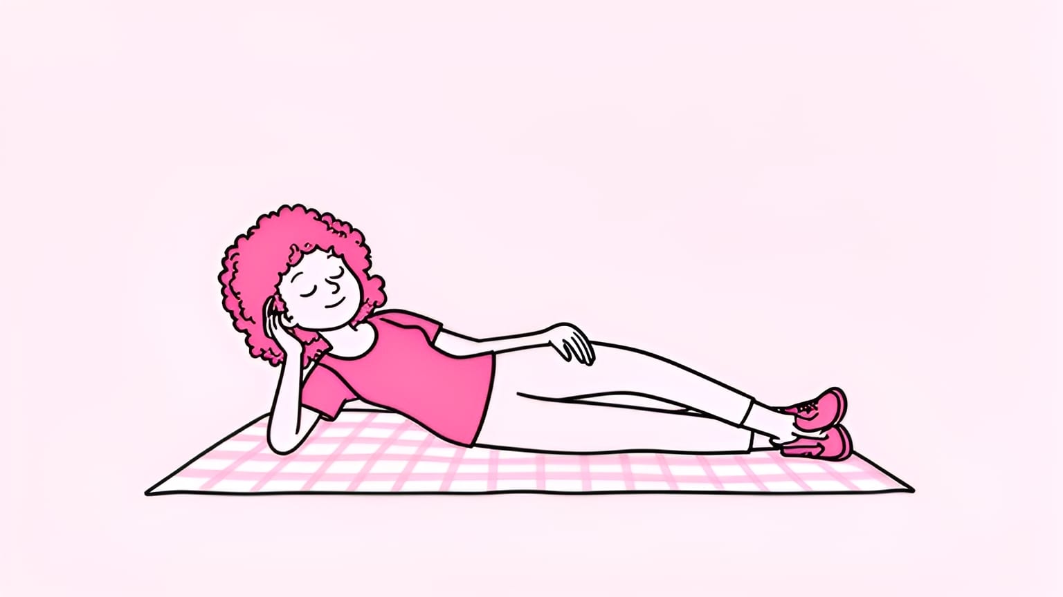 relaxed woman lying in a sunny park on a picnic blanket, eyes closed, smiling