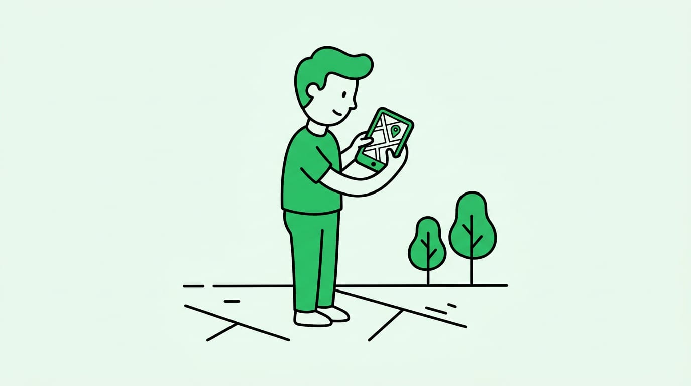 exactly one person standing on a sidewalk, exactly two arms, holding one phone with both hands, looking down at a simple street map with one pin on the phone screen, two small trees nearby, no extra hands, no third arm, no floating screens, no callout bubbles
