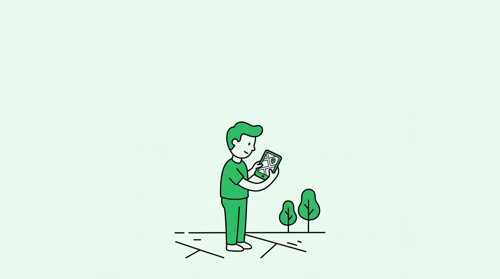exactly one person standing on a sidewalk, exactly two arms, holding one phone with both hands, looking down at a simple street map with one pin on the phone screen, two small trees nearby, no extra hands, no third arm, no floating screens, no callout bubbles