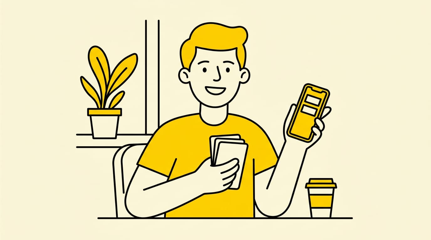 friendly person facing the camera with a warm open smile, sitting at a sunny cafe table, holding a phone that shows a simple stack of blank job cards, relaxed everyday pose, one clear subject, nobody behind them