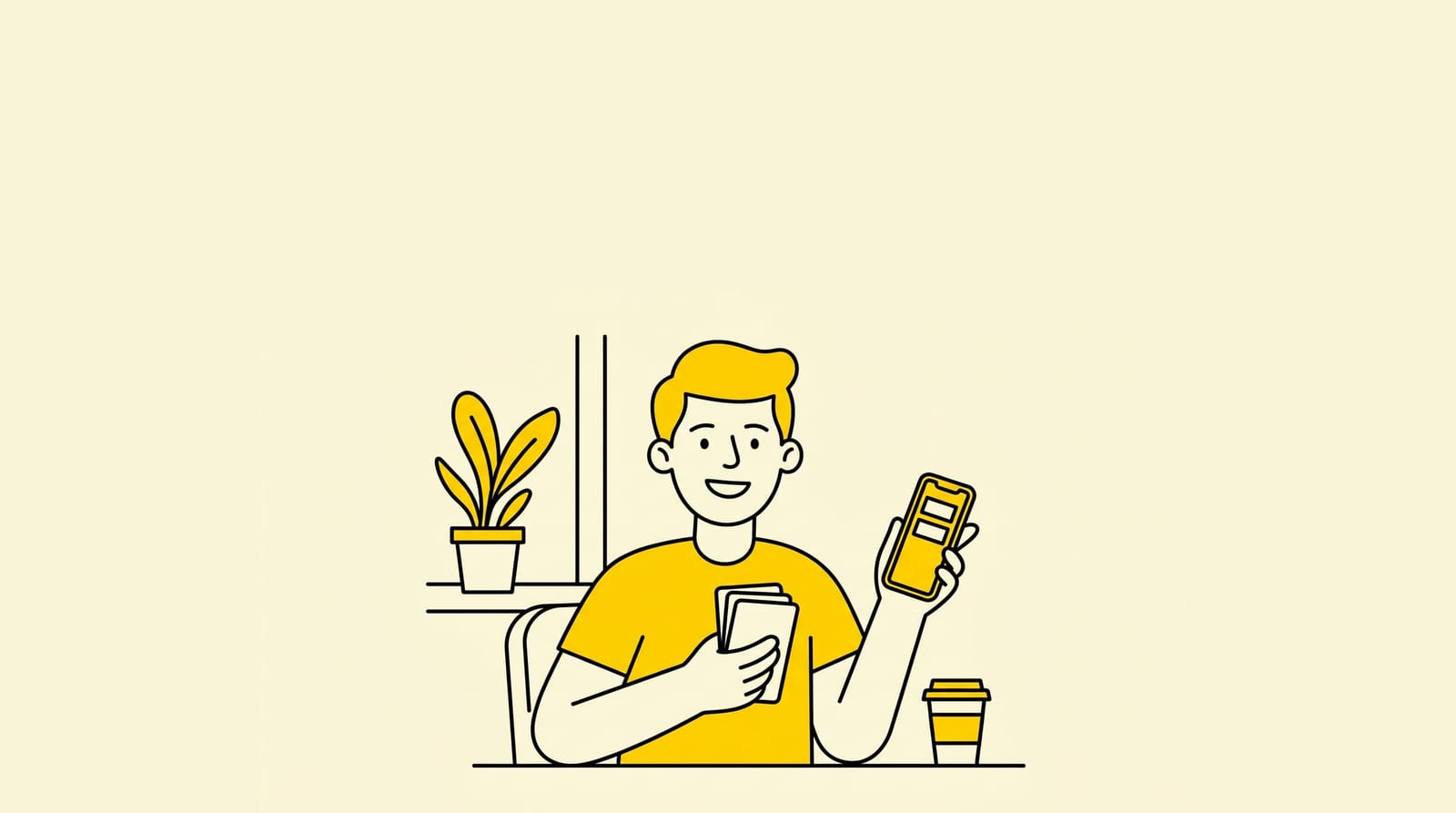 friendly person facing the camera with a warm open smile, sitting at a sunny cafe table, holding a phone that shows a simple stack of blank job cards, relaxed everyday pose, one clear subject, nobody behind them