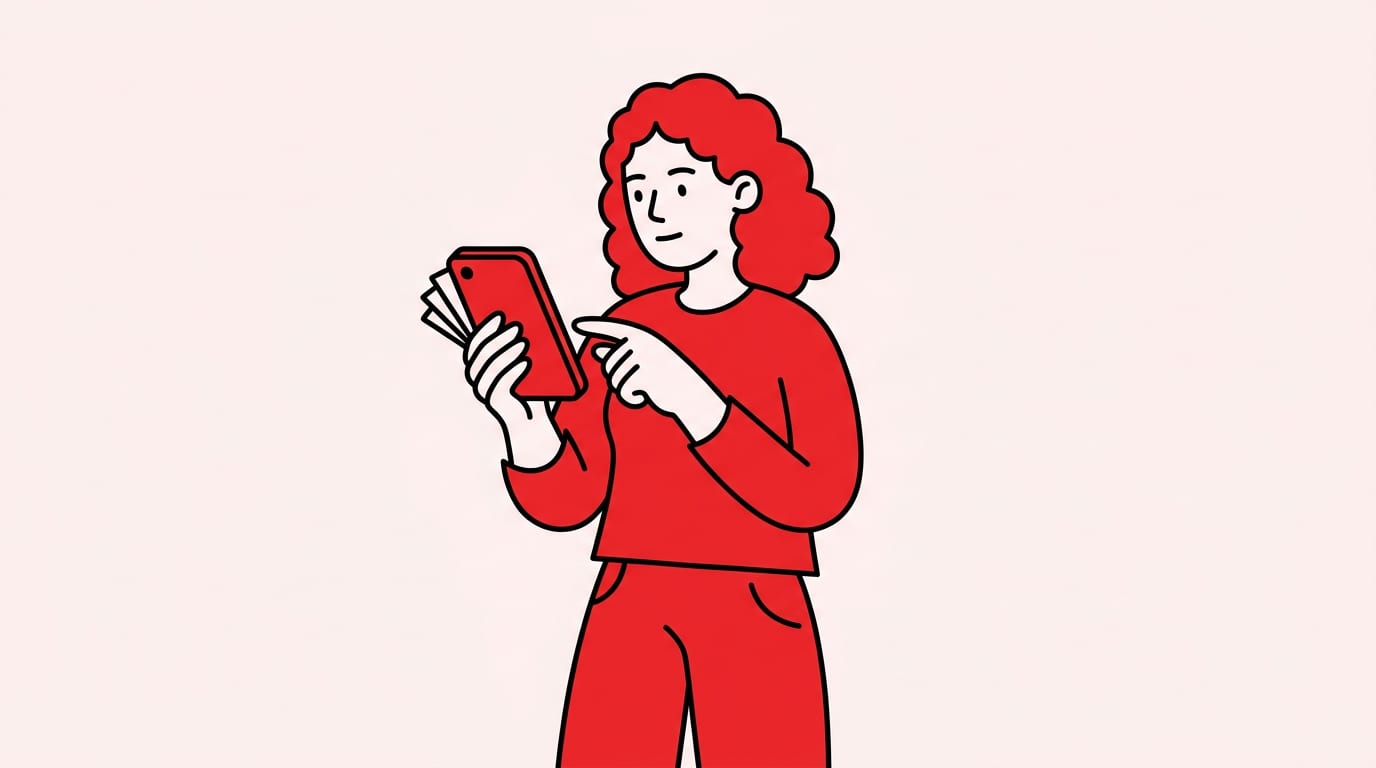 person holding a phone with a simple stack of blank job cards, thumb mid-swipe, casual everyday pose, one clear subject