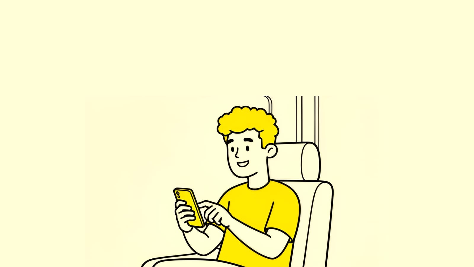 happy young man on a train tapping apply on his phone, quick and relaxed