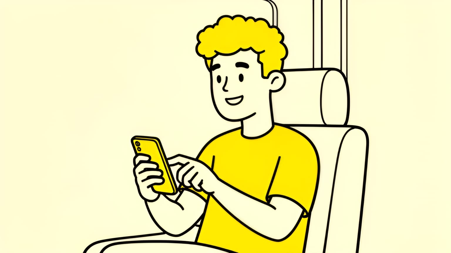 happy young man on a train tapping apply on his phone, quick and relaxed