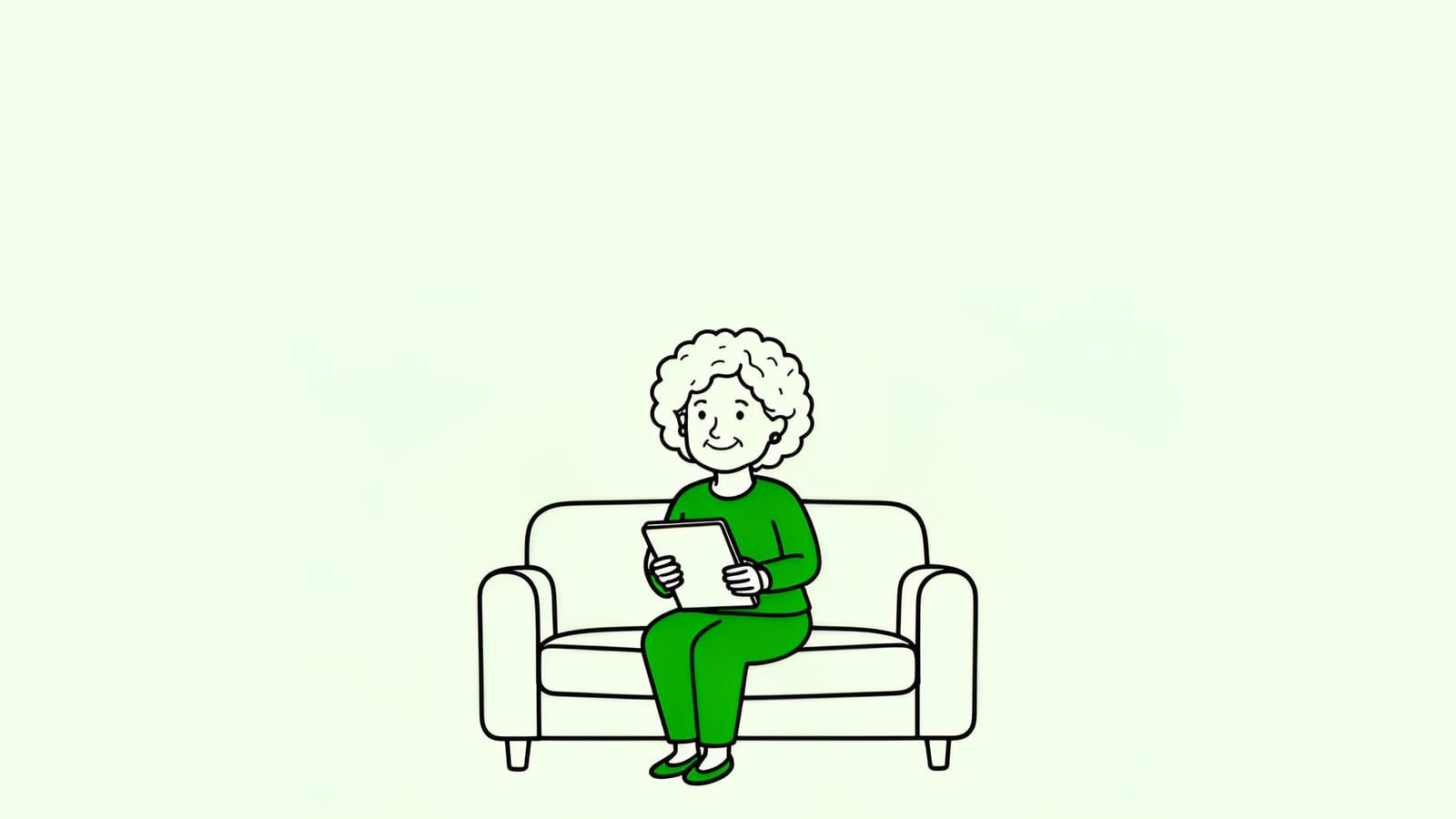 older woman smiling on her couch with a tablet, relaxed, applications done