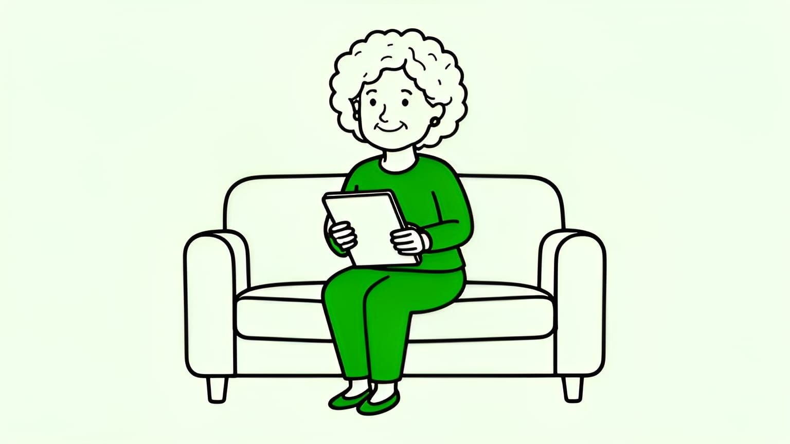 older woman smiling on her couch with a tablet, relaxed, applications done