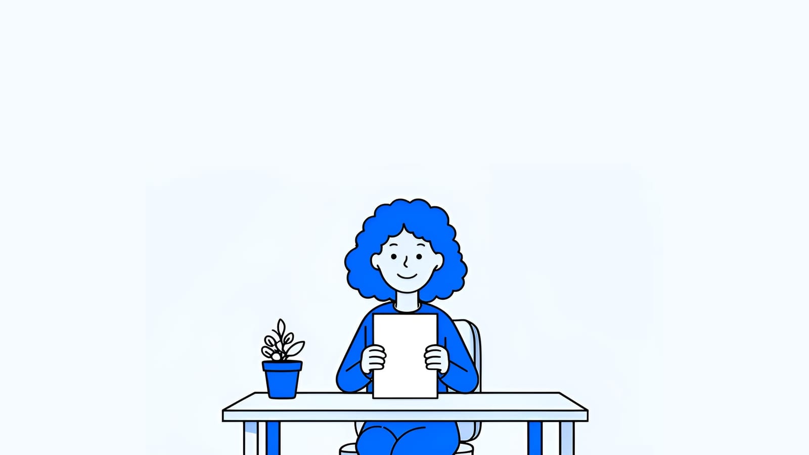 smiling woman at a sunny desk holding a single blank sheet of paper, plant on the desk