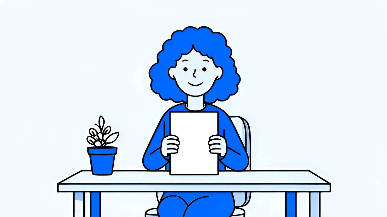 smiling woman at a sunny desk holding a single blank sheet of paper, plant on the desk